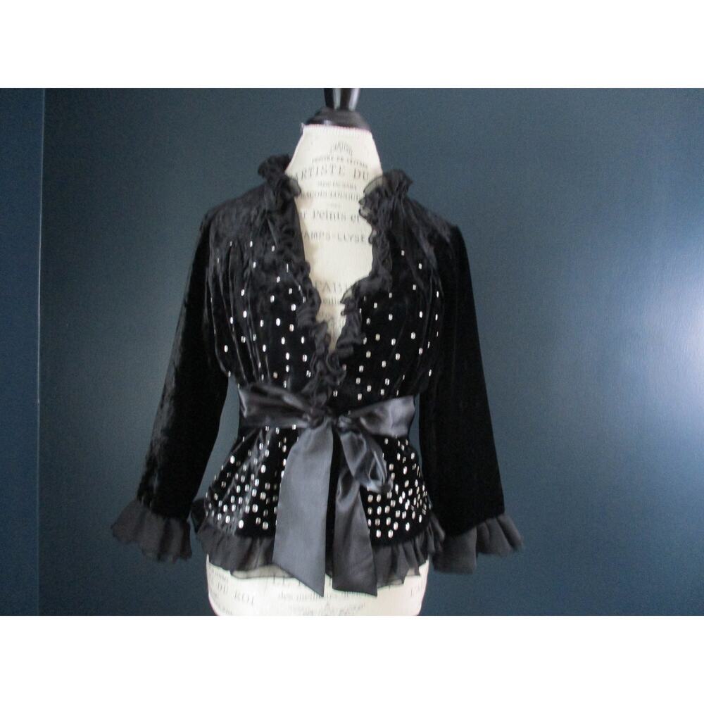 Vintage Alexandra Rosati Black Velvet Rhinestones Ruffle Wrap Tie Cardigan Small